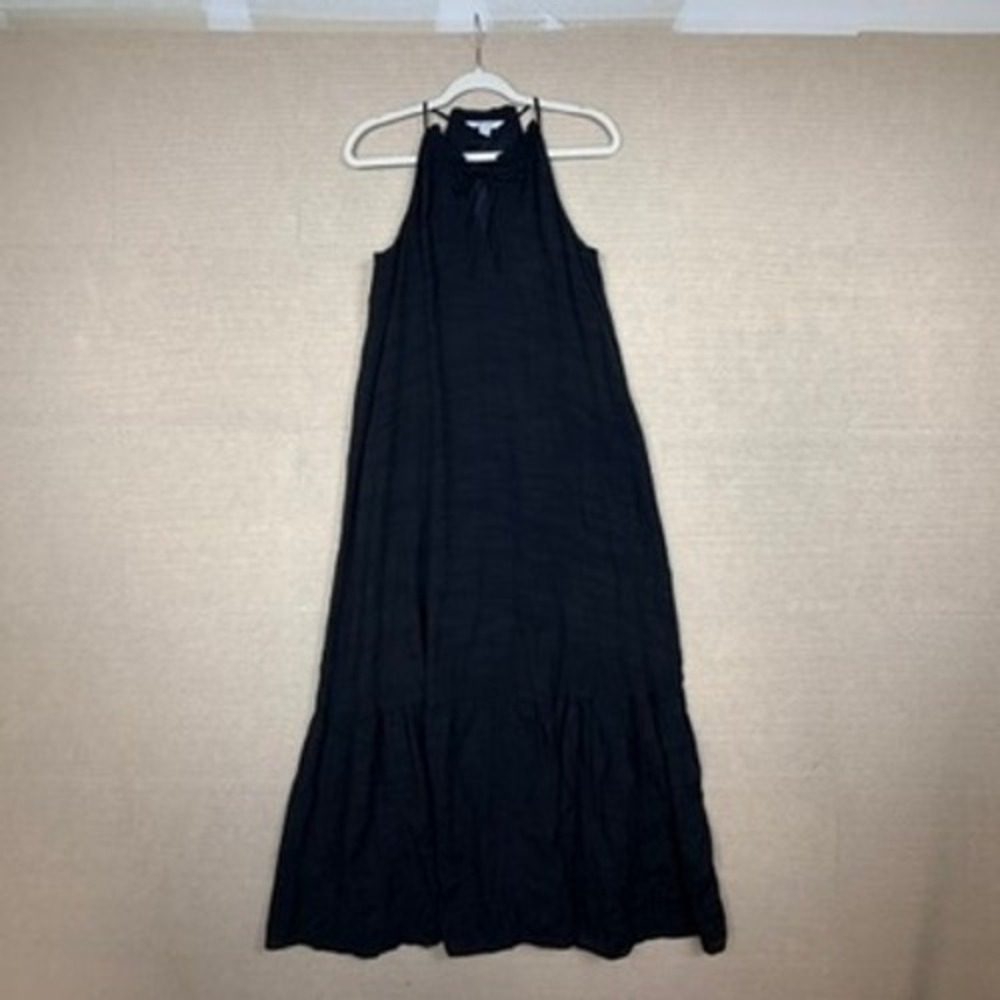 Nine West Black Halter Neck Tiered Maxi Dress Ruffle Tie Front Keyhole Size XS